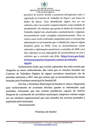 Comunicado a população de Itaubal