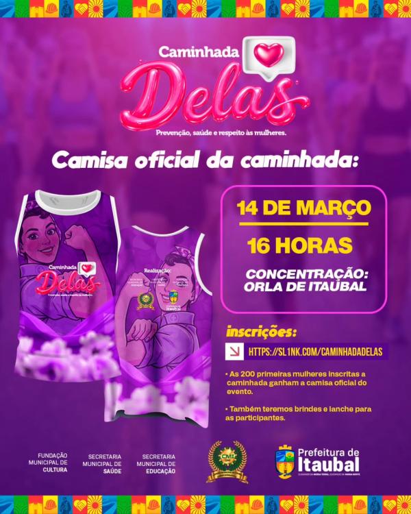 Chama as amigas e vem para a Caminhada Delas!   A Prefeitura de Itaubal preparou um momento especial para celebrar, cuidar e fortalecer as mulheres do nosso município. A Caminhada Delas será um encontro cheio de energia, saúde e união! 